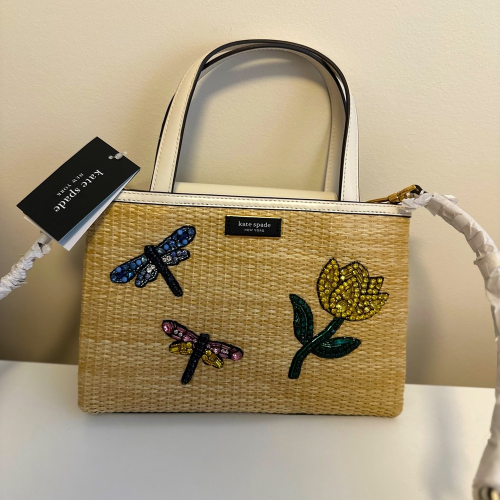 Kate Spade Dragonfly Bejeweled Embroidery Straw Bag